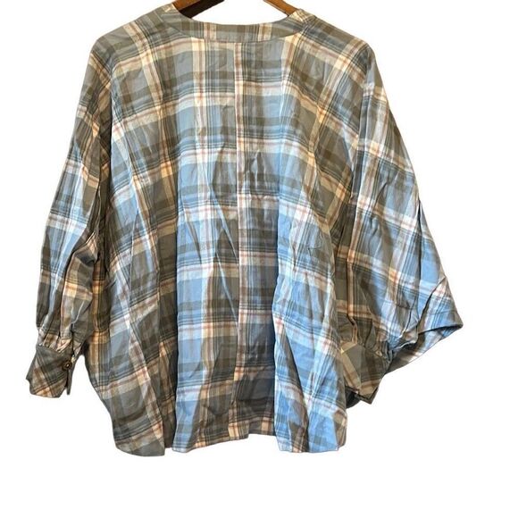 Flowy Plaid Blouse Button Up Top Unique Cut Oversized Boho Chic - Picture 7 of 7